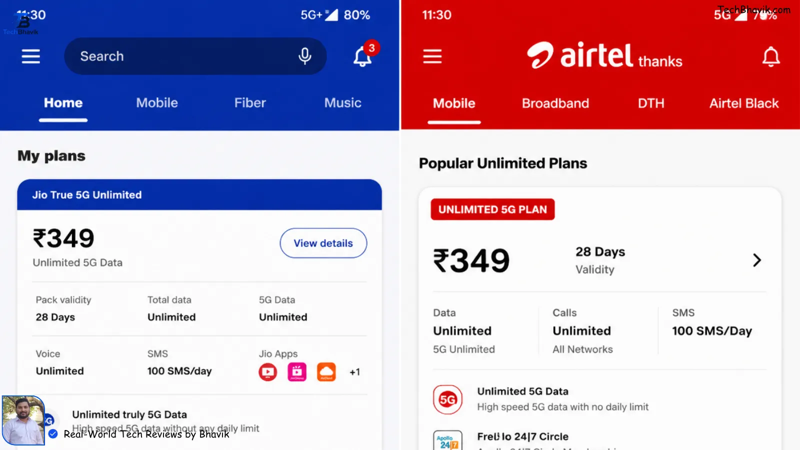 Jio 5G vs Airtel 5G: The Shocking Indoor Coverage Reality No One Tells You A screenshot of MyJio and Airtel Thanks app side-by-side comparing 5G unlimited plan details.