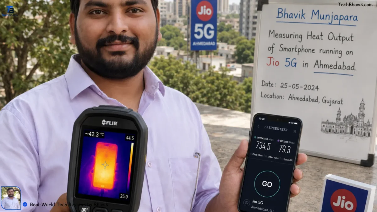 Jio 5G vs Airtel 5G: The Shocking Indoor Coverage Reality No One Tells You Bhavik Munjapara using a thermal camera to measure the heat output of a smartphone running on Jio 5G in Ahmedabad.