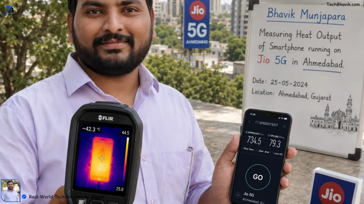 Jio 5G vs Airtel 5G: The Shocking Indoor Coverage Reality No One Tells You Bhavik Munjapara using a thermal camera to measure the heat output of a smartphone running on Jio 5G in Ahmedabad.