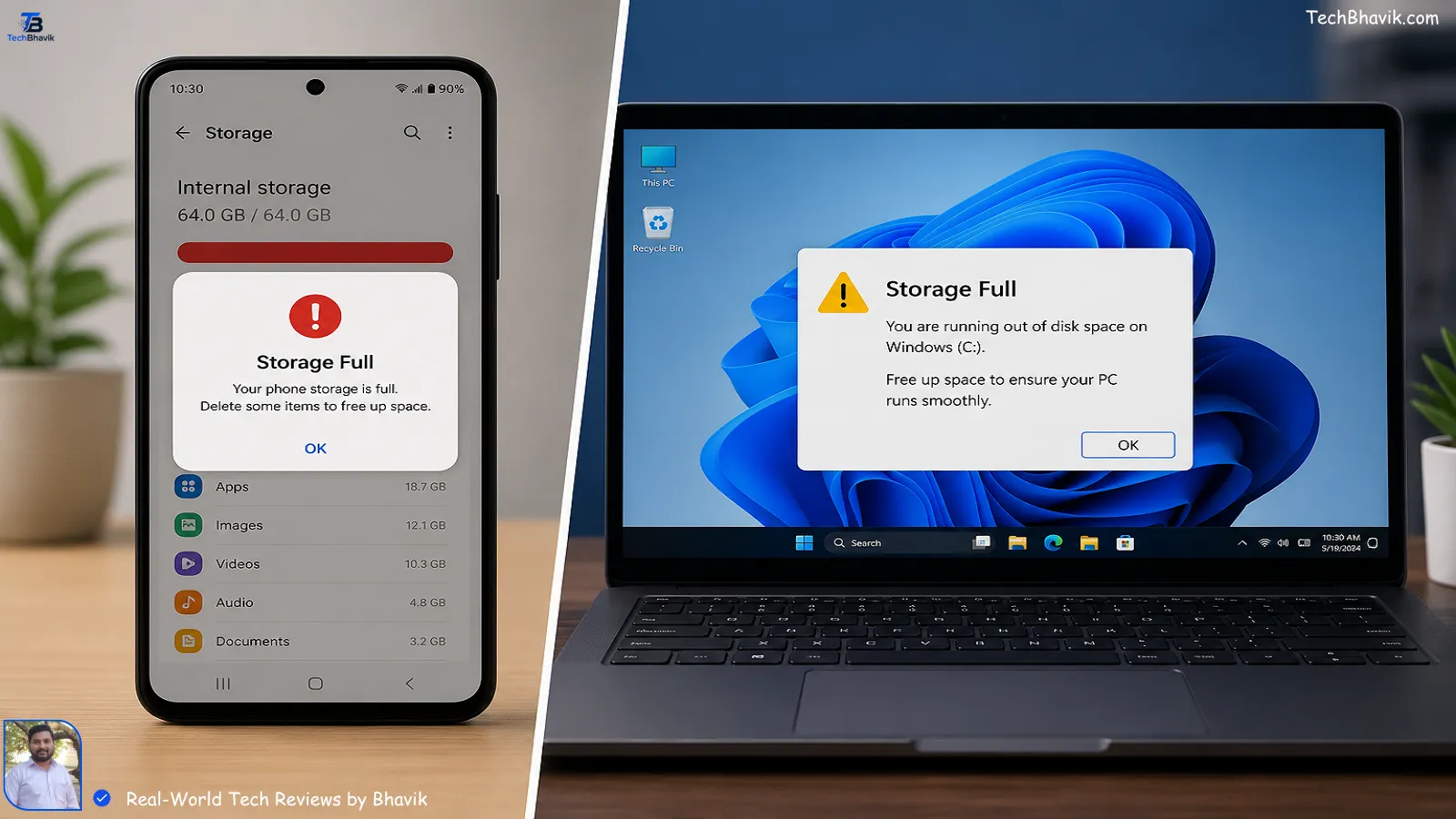 Android Hanging? 12 Hidden Tips: How To Free Up Storage Massive Space Instantly Split graphic showing an Android smartphone and a Windows 11 laptop with low storage space warnings