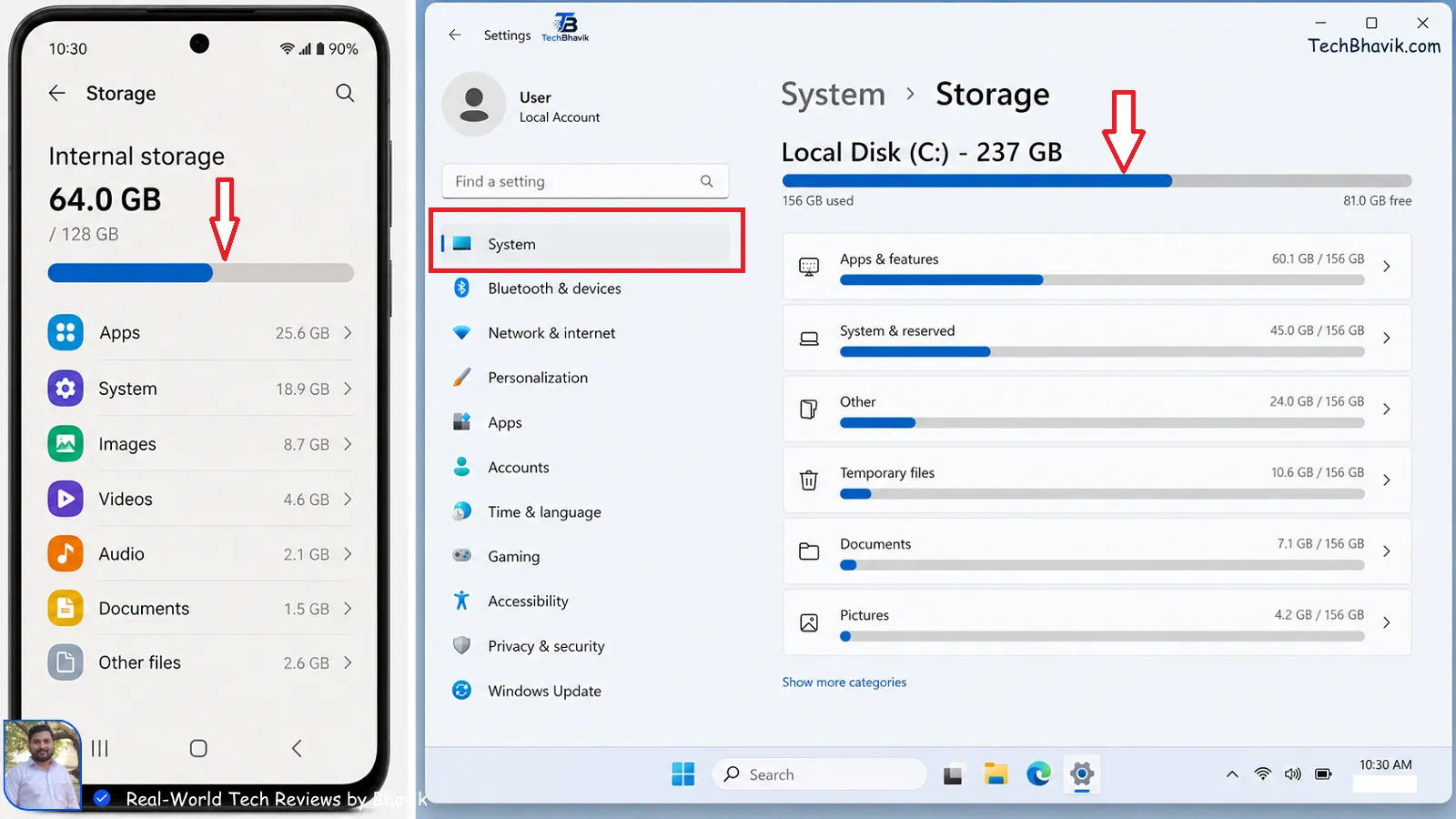 Android Hanging? 12 Hidden Tips: How To Free Up Storage Massive Space Instantly Side by side screenshots of Android storage settings and Windows 11 storage settings menu breakdown