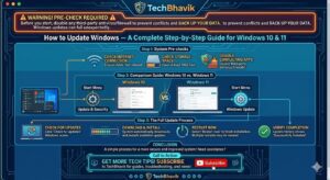 An infographic titled "How to Update Windows — A Complete Step-by-Step Guide for Windows 10 & 11" for TechBhavik. It features a technical blue circuit board design and outlines three main steps: 1) System Pre-checks (internet, storage, and disabling conflicting apps), 2) Comparison of Windows 10 and 11 update settings, and 3) The full update process from scanning to verification.