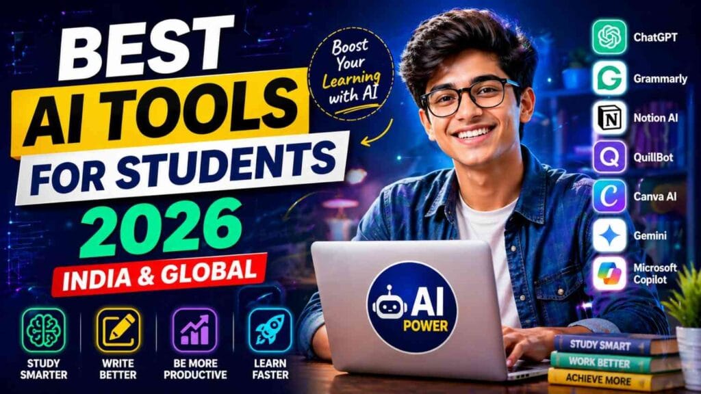 Best AI tools for students 2026 including ChatGPT, Grammarly, Notion AI, Canva and Copilot for study productivity