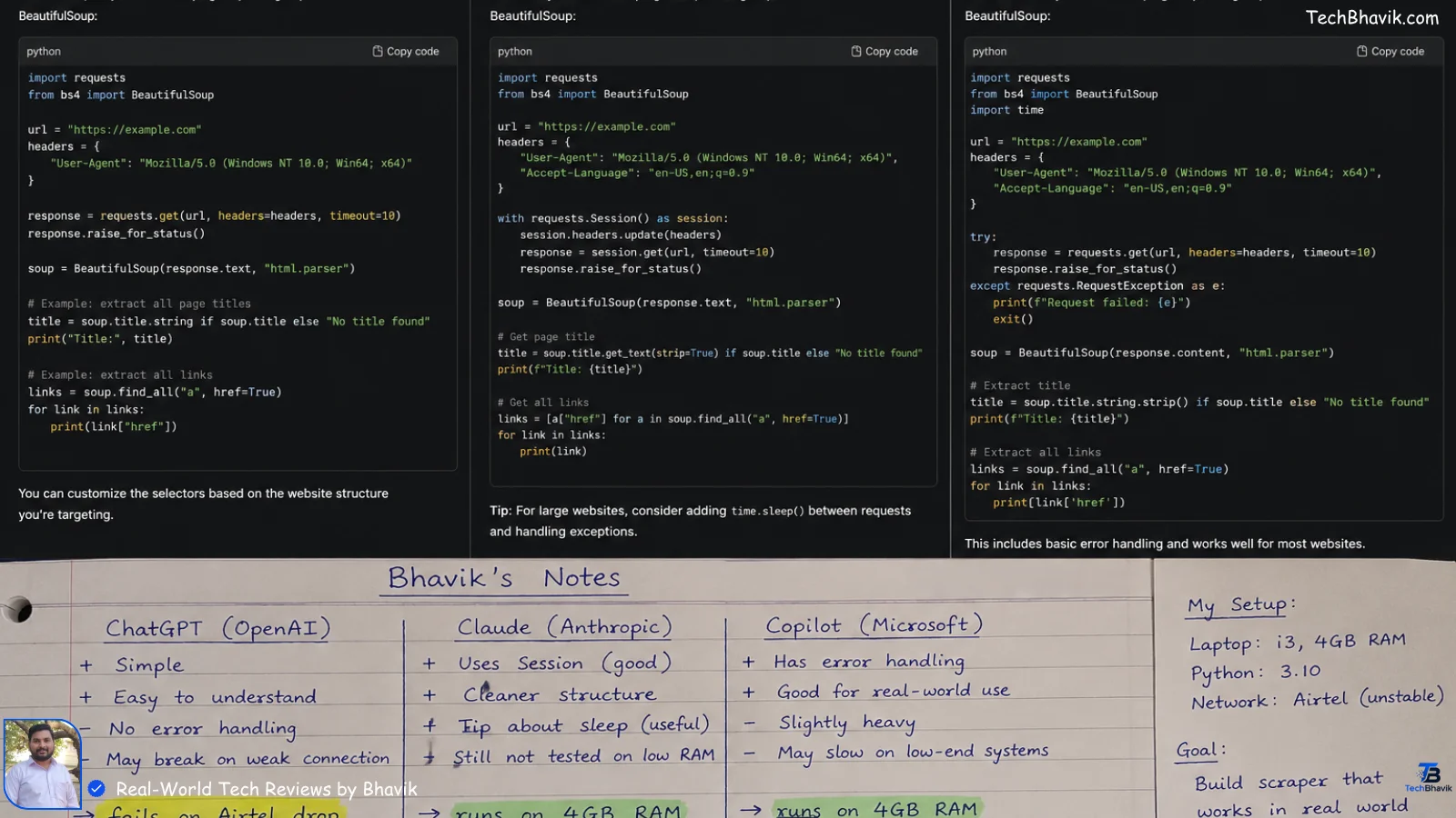 ChatGPT vs. Claude vs. Copilot: Which AI Tool is Best in 2026? Screenshot of Python web scraping code from ChatGPT, Claude, and Copilot side by side with Bhavik’s handwritten notes marking “runs on 4GB RAM” and “fails on Airtel drop”