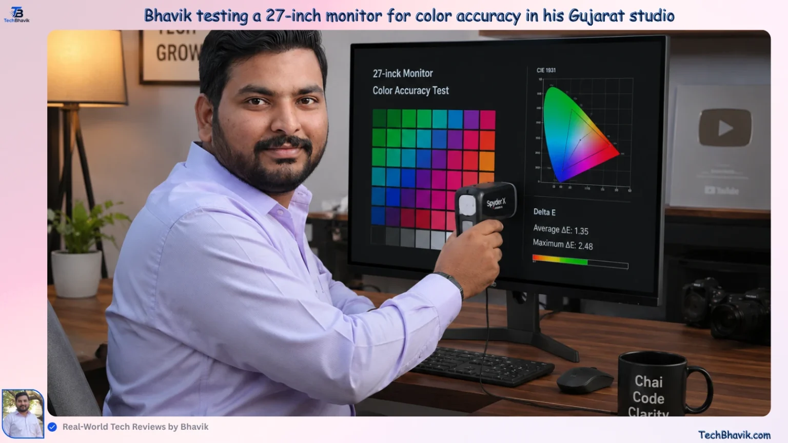 Best Monitor Under 15000? I Tested These 5 in my Office Bhavik Munjapara testing a 27-inch monitor for color accuracy in his Gujarat studio