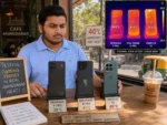 Bhavik Munjapara testing 3 gaming phones on a table at a cafe in Ahmedabad during May heat, thermal camera overlay showing temperature readings