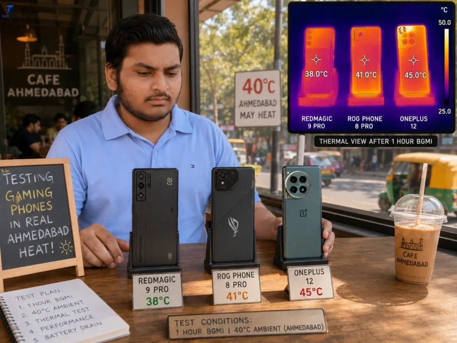 Top 5 Gaming Phones in India 2026: I Tested Them in 44°C Heat Bhavik Munjapara testing 3 gaming phones on a table at a cafe in Ahmedabad during May heat, thermal camera overlay showing temperature readings