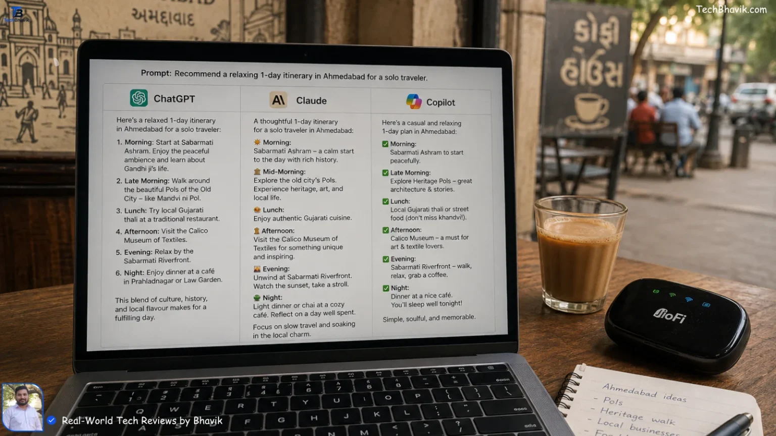 ChatGPT vs. Claude vs. Copilot: Which AI Tool is Best in 2026? Bhavik Munjapara comparing ChatGPT, Claude, and Copilot responses on his laptop at an Ahmedabad cafe with a cutting chai and JioFi device on the table