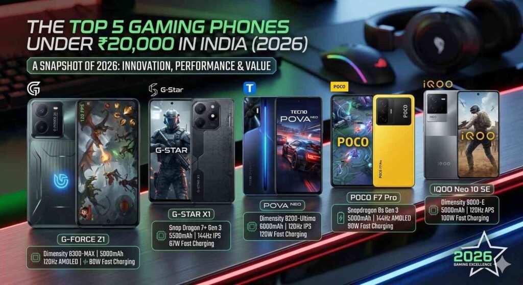 best gaming phone under 20000 india 2026 A high-energy collage featuring the latest 2026 gaming smartphones with glowing RGB lighting and futuristic cooling accessories. The background shows an abstract digital arena in neon blue and purple. Central text reads "BEST GAMING PHONES 2026" in bold, metallic lettering with the techbhavik.com logo in the corner.