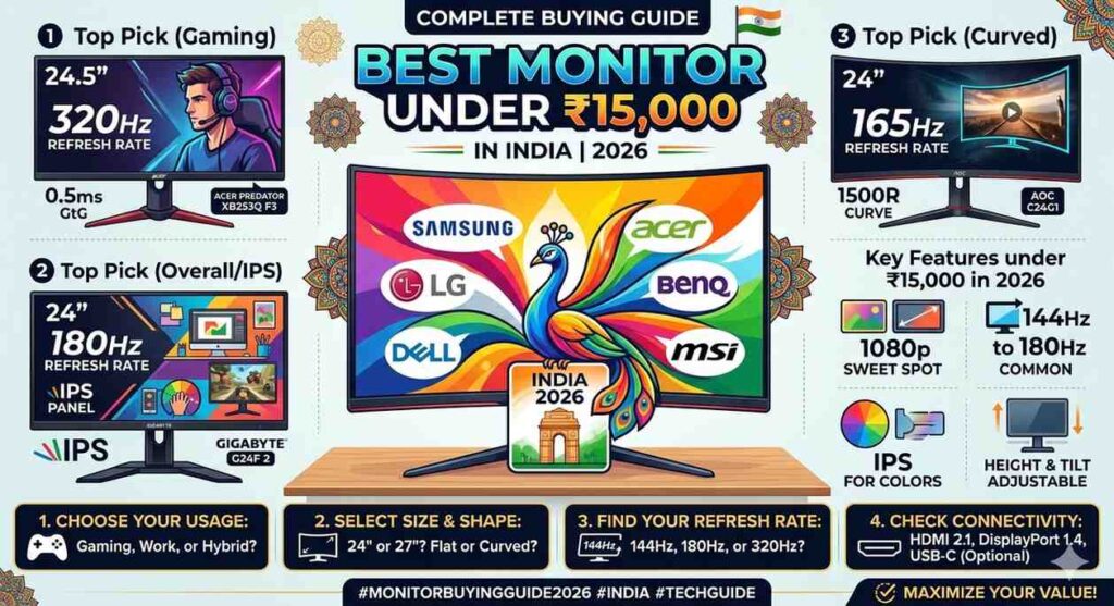 A vibrant infographic titled "Best Monitor Under ₹15,000 in India | 2026." The central curved monitor features a colorful peacock and brand logos like Samsung, LG, and Dell. The guide highlights three top picks: a 24.5-inch 320Hz gaming monitor, a 24-inch 180Hz IPS monitor, and a 24-inch 165Hz curved monitor. A "Key Features" section lists 1080p resolution, IPS panels, and adjustable stands, while a four-step buying process is outlined at the bottom.