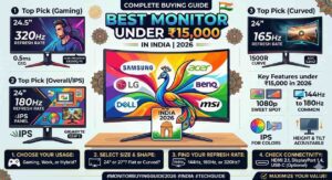 A vibrant infographic titled "Best Monitor Under ₹15,000 in India | 2026." The central curved monitor features a colorful peacock and brand logos like Samsung, LG, and Dell. The guide highlights three top picks: a 24.5-inch 320Hz gaming monitor, a 24-inch 180Hz IPS monitor, and a 24-inch 165Hz curved monitor. A "Key Features" section lists 1080p resolution, IPS panels, and adjustable stands, while a four-step buying process is outlined at the bottom.