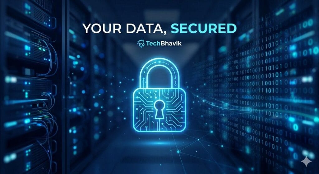 Privacy Policy TechBhavik secure data protection and privacy policy graphic.