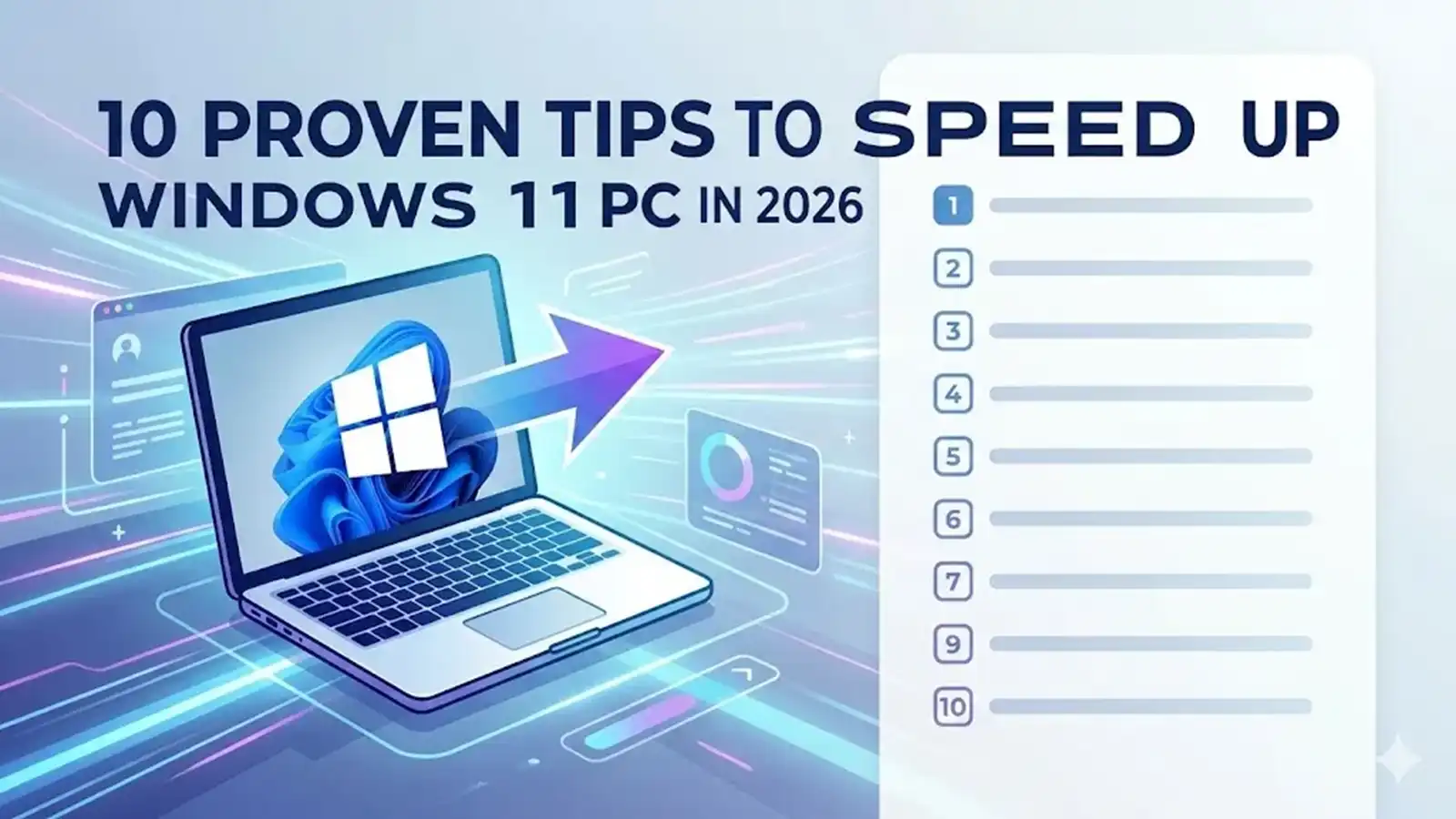 10 Proven Tips to Speed Up Windows 11 in 2026 (Ultimate Guide) A futuristic digital illustration showing a laptop with the Windows 11 logo and a speed boost arrow, titled "10 Proven Tips to Speed Up Windows 11 PC in 2026" with a checklist graphic.