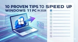 A futuristic digital illustration showing a laptop with the Windows 11 logo and a speed boost arrow, titled "10 Proven Tips to Speed Up Windows 11 PC in 2026" with a checklist graphic.