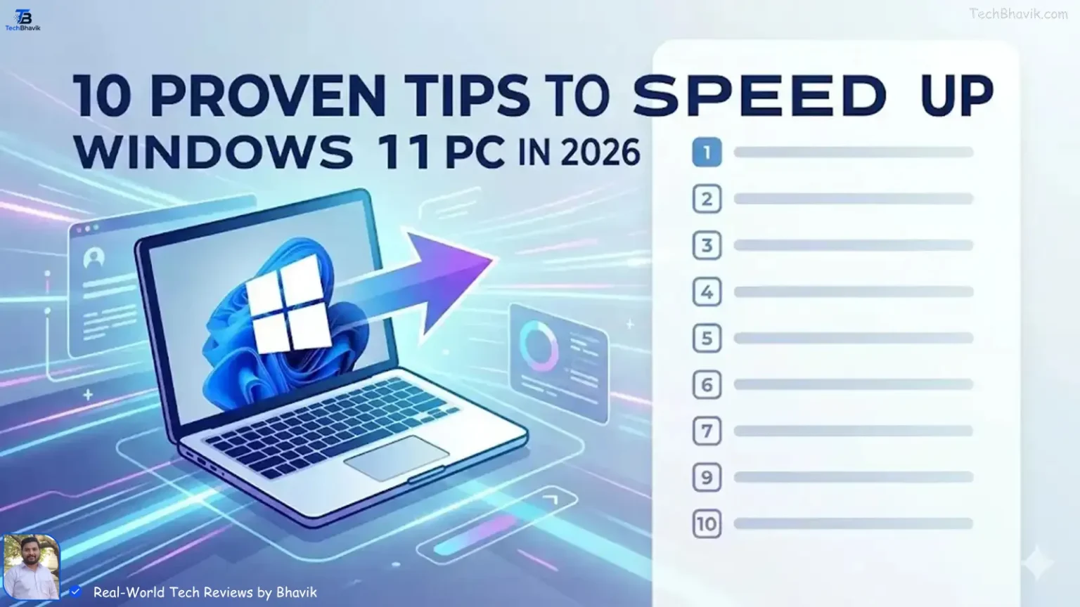 A futuristic digital illustration showing a laptop with the Windows 11 logo and a speed boost arrow, titled "10 Proven Tips to Speed Up Windows 11 PC in 2026" with a checklist graphic.