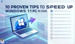 10 Proven Tips to Speed Up Windows 11 in 2026 (Ultimate Guide) A futuristic digital illustration showing a laptop with the Windows 11 logo and a speed boost arrow, titled "10 Proven Tips to Speed Up Windows 11 PC in 2026" with a checklist graphic.