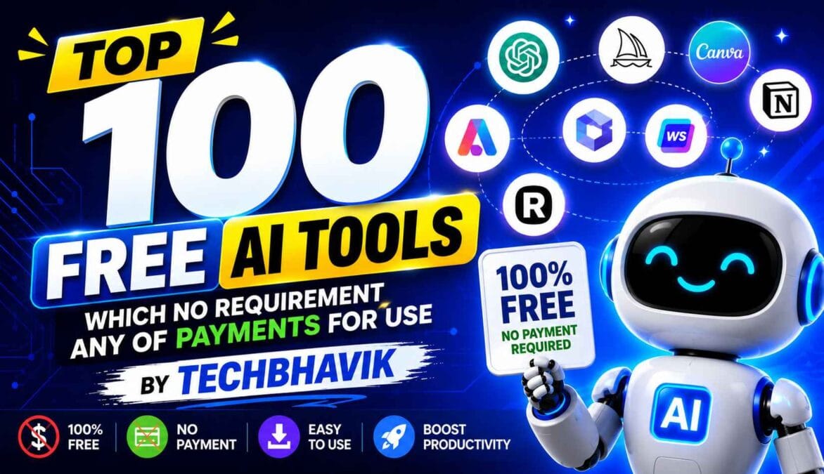 ai tools, free si tools, Infographic showing a collection of the top 100 free AI tools for 2026 with category icons for productivity, design, and coding.