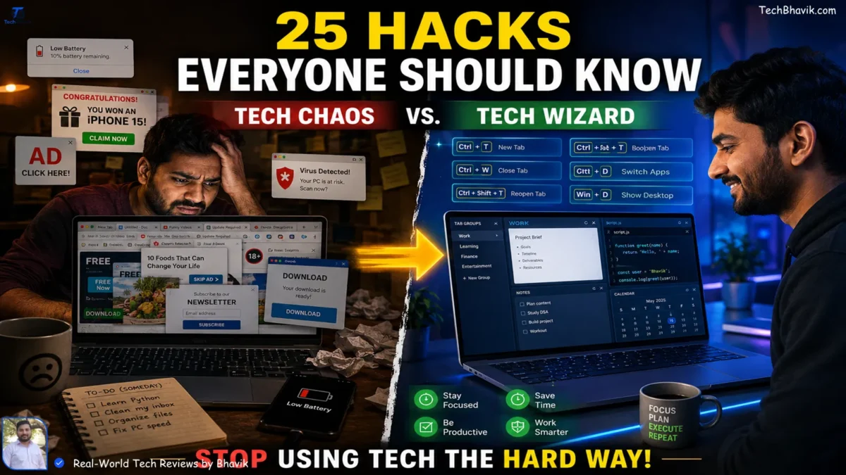 A split-screen comparison graphic showing a frustrated user struggling with messy tech devices on the left and a productive user effortlessly navigating a streamlined laptop display on the right.