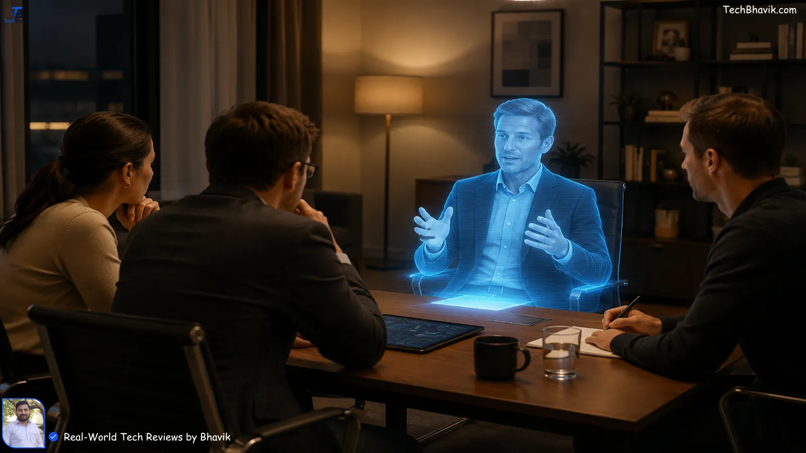 A visual representation of 6G holographic communication showing a real-time, life-sized 3D digital projection of a person participating in a remote meeting room setting.