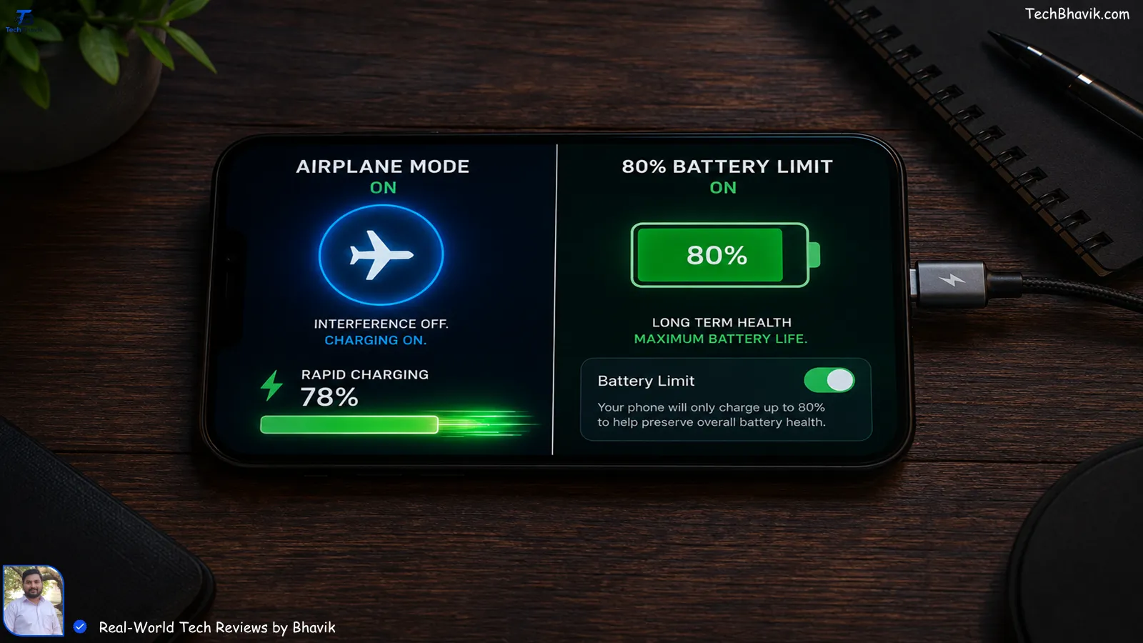 Tech hacks A smartphone charging on a table showcasing the airplane mode toggle for faster charging speeds and the 80% maximum battery charge limit setting enabled.