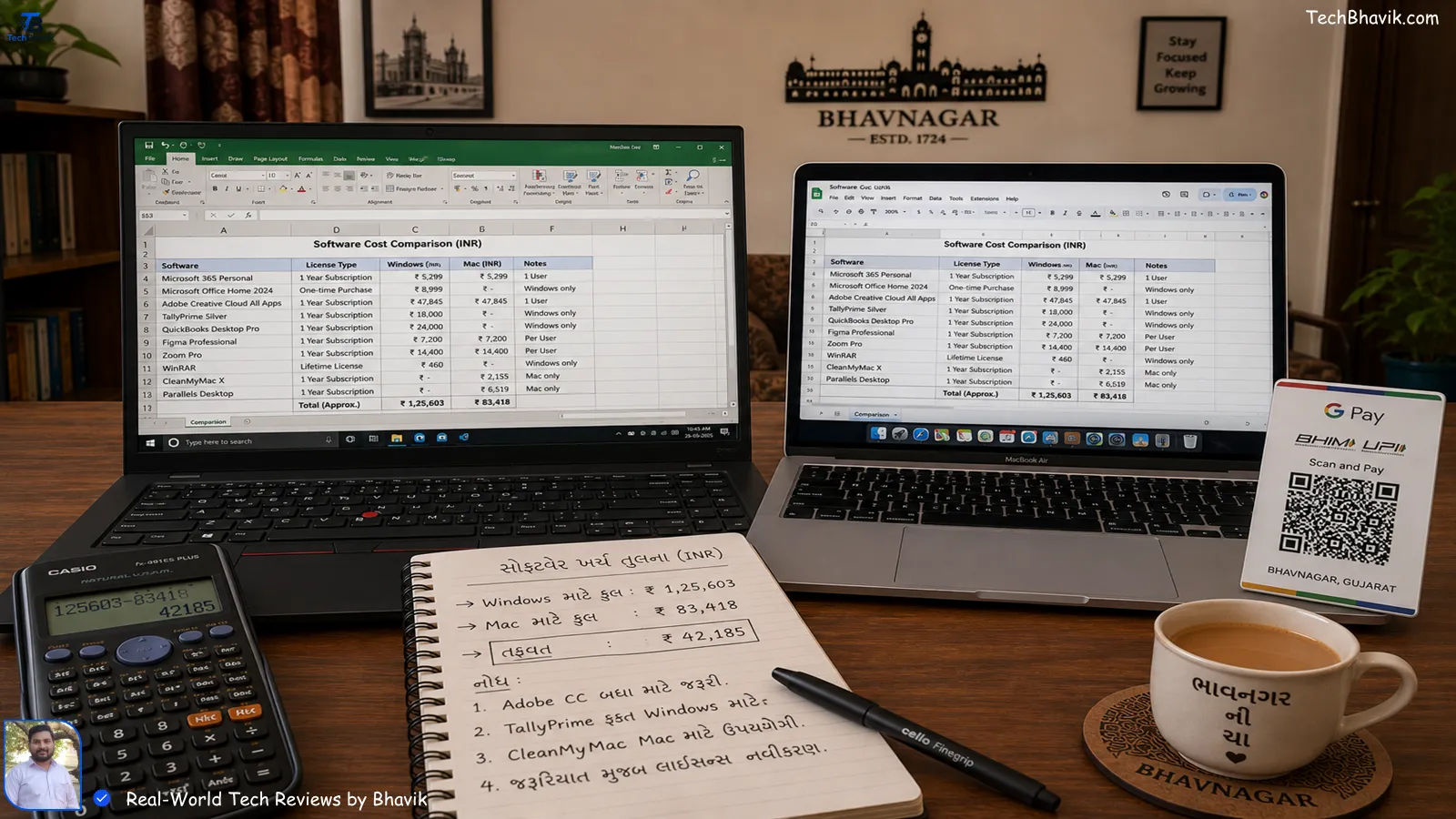Best Software Every Windows/Mac User Must Have in 2026 Laptop screen showing ShareX annotating an MGVCL electricity bill with arrows and blur on account number, WhatsApp Web open on side, power bank and torch in background