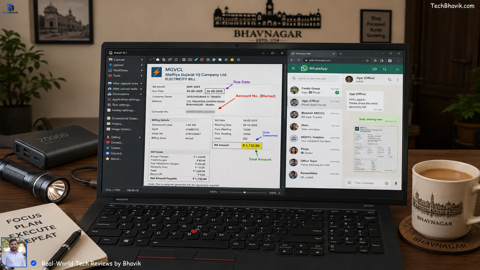 Best Software Every Windows/Mac User Must Have in 2026 Split screen showing Windows laptop and MacBook with spreadsheets comparing software costs in INR, calculator and UPI QR code on table, handwritten notes in Gujarati