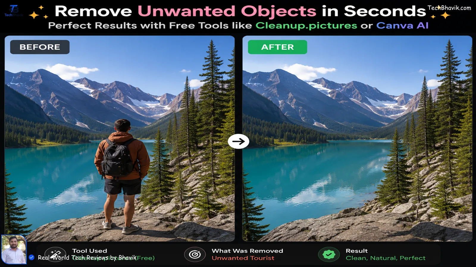 Before and after image comparison showing an object being cleanly removed from a photo using free AI design tools