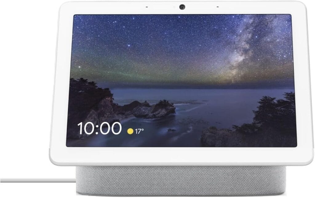 “Google Nest Hub Max smart display showing home dashboard”