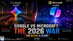 A split-screen tech comparison graphic between Google and Microsoft for 2026, showing a glowing multi-colored Google Gemini logo over an AI data center on the left, and a glowing blue Microsoft Copilot logo over a cloud computing matrix on the right.
