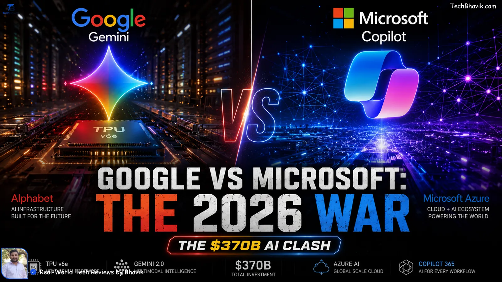 A split-screen tech comparison graphic between Google and Microsoft for 2026, showing a glowing multi-colored Google Gemini logo over an AI data center on the left, and a glowing blue Microsoft Copilot logo over a cloud computing matrix on the right.