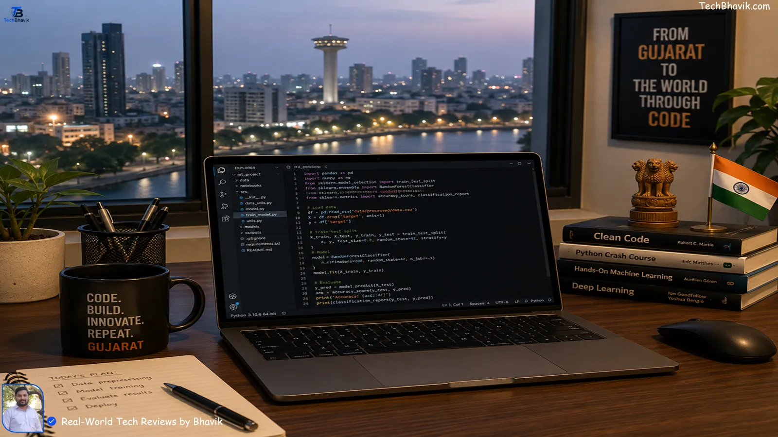 A modern office desk in Gujarat with a view of the city and a laptop displaying code