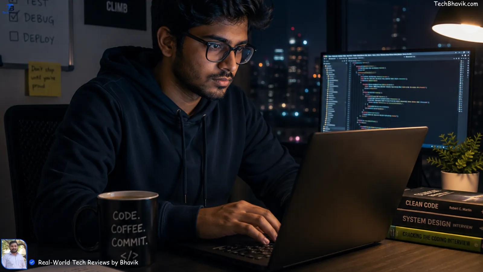 An Indian programmer working late at night with a focused expression and a cup of coffee