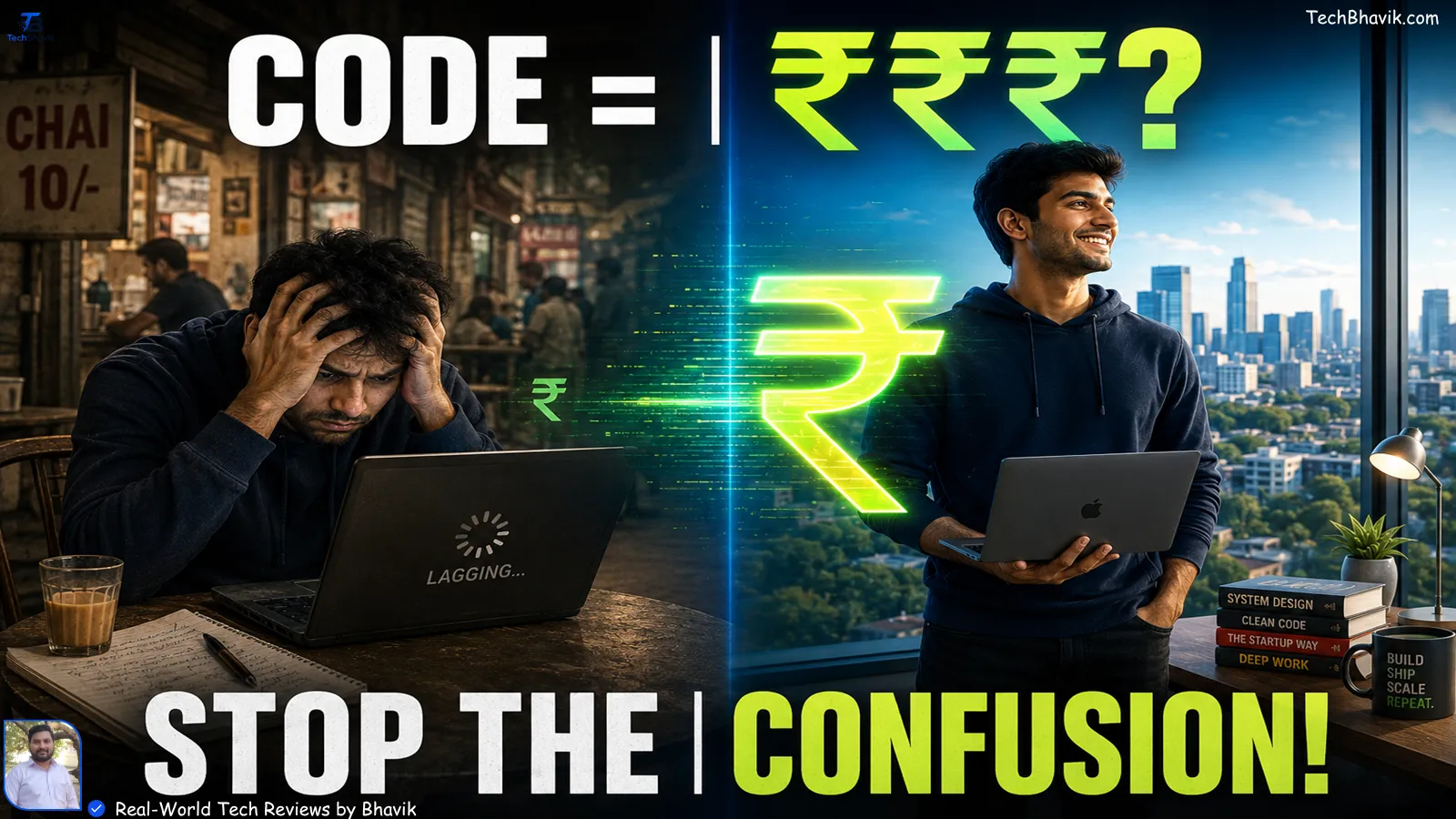 A comparison thumbnail illustrating an Indian developer's journey from frustration coding at a street cafe to a high-paying programming career in a modern city office in 2026.