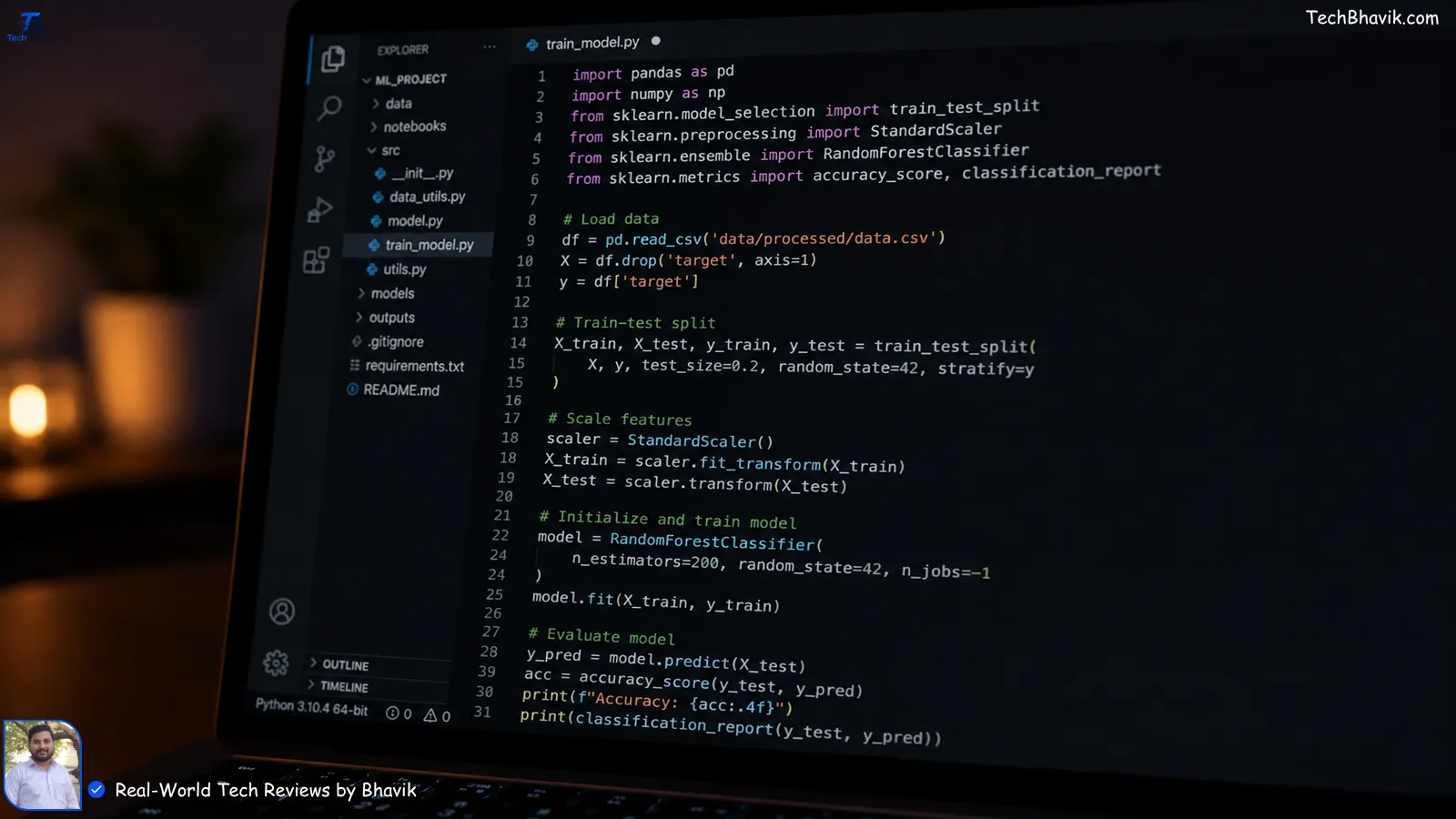 A close-up of a laptop screen showing Python code for a machine learning model in a dimly lit room