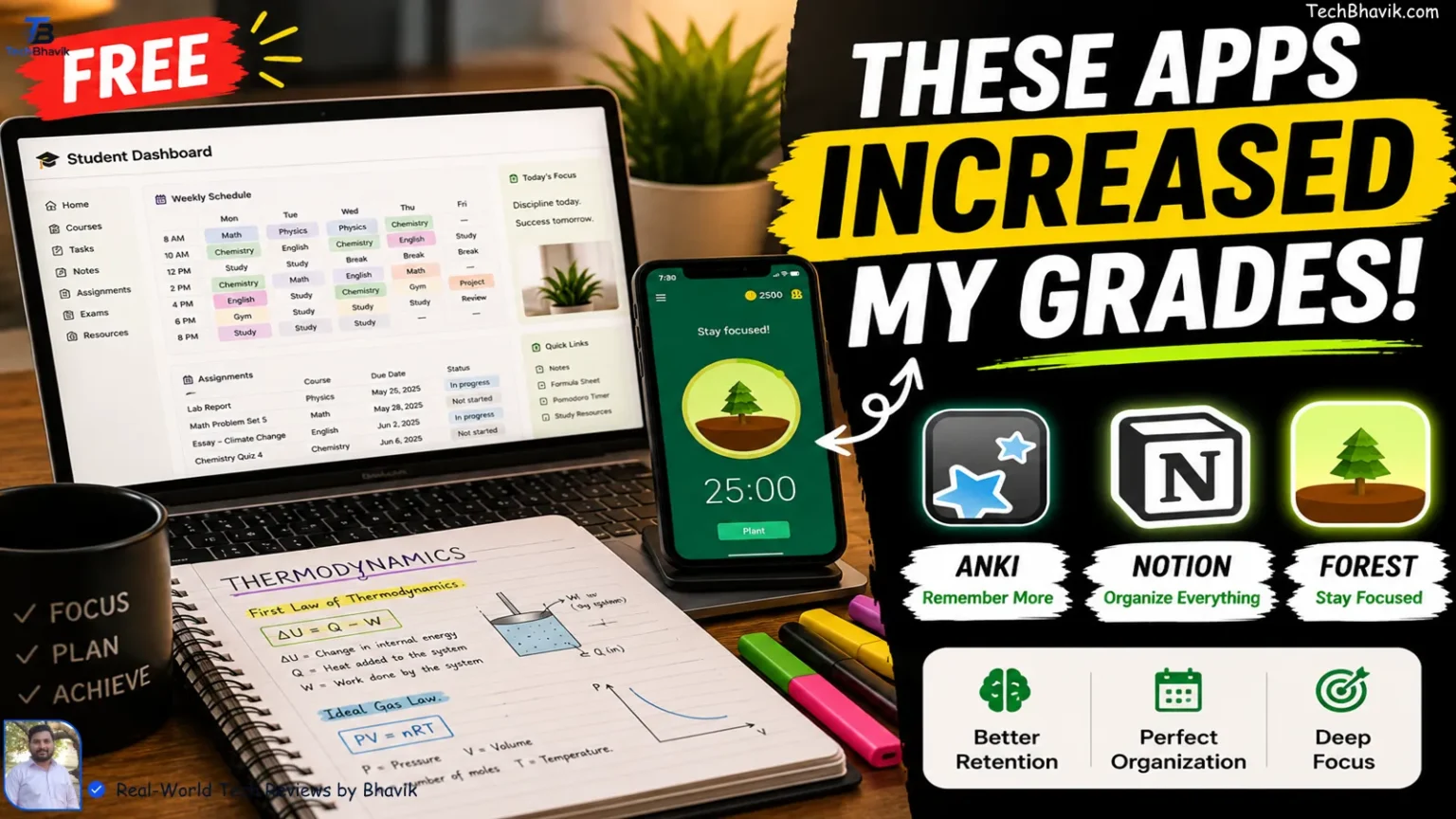 15 Best Apps for Studying (Free & Paid) — Tested and Ranked Student study desk with laptop showing Notion dashboard, smartphone displaying Forest focus timer, and study notes beside productivity apps Anki, Notion, and Forest for students.