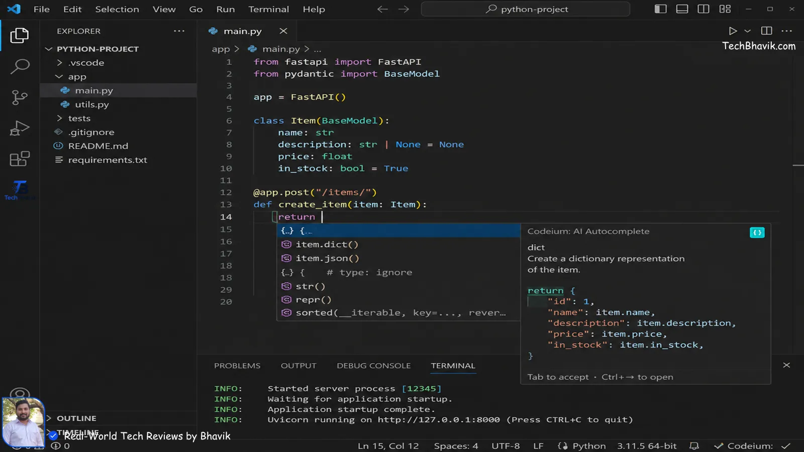 A developer screen showing real time python code completion using a free AI coding assistant extension inside VS Code