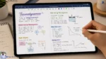 Digital handwritten study notes with mathematical equations and colorful science diagrams on a tablet.