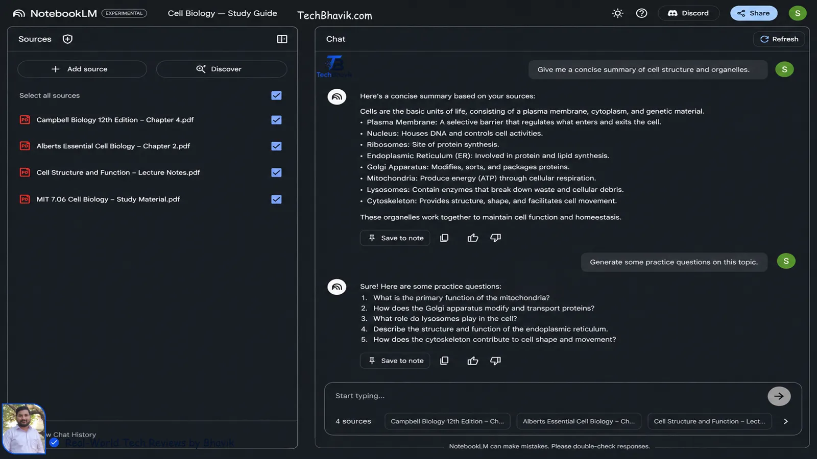 Google NotebookLM dashboard showing uploaded study PDFs and AI-generated practice questions.