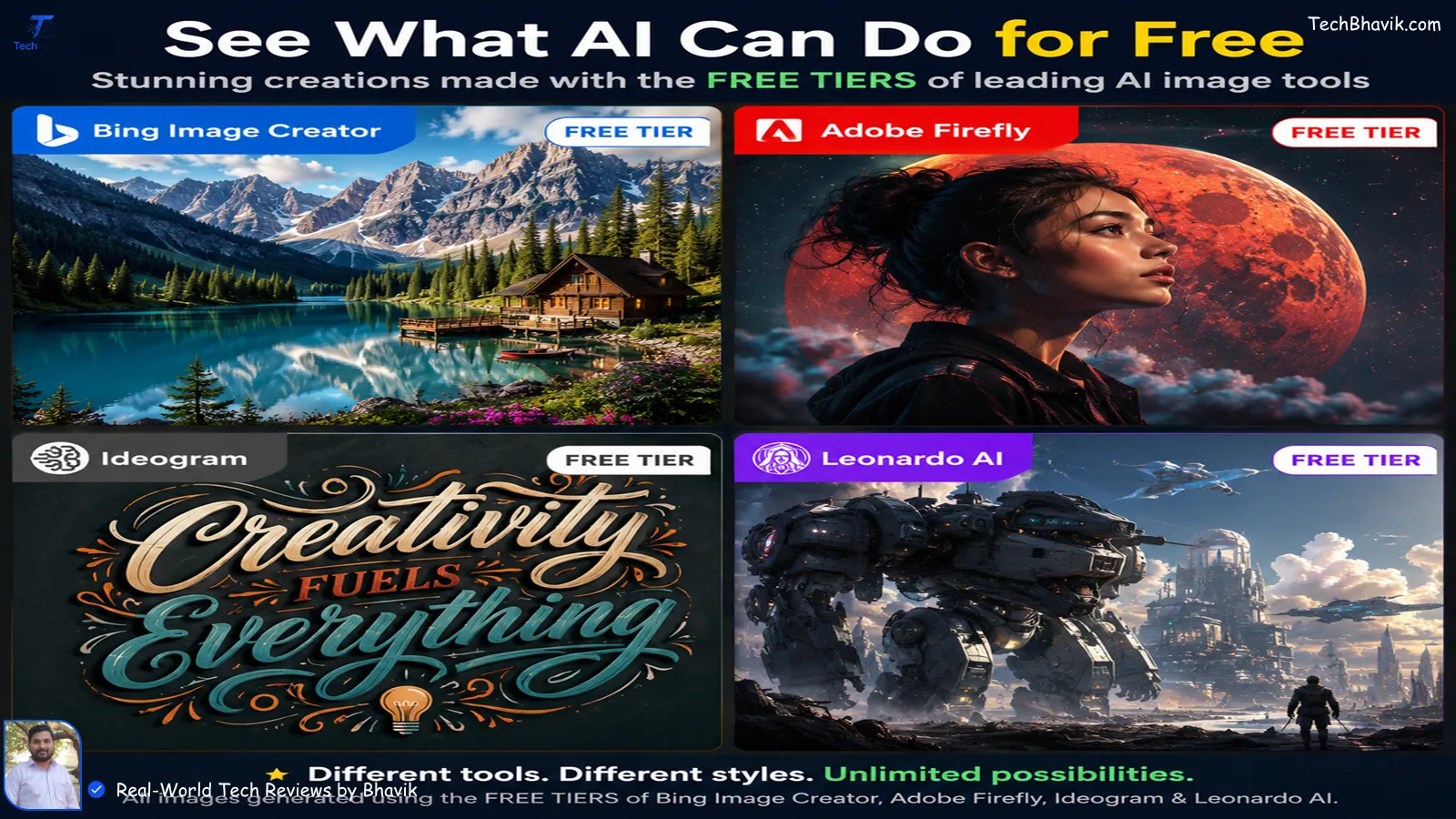 A side by side collage of high quality AI art and graphic posters generated using free AI image tools
