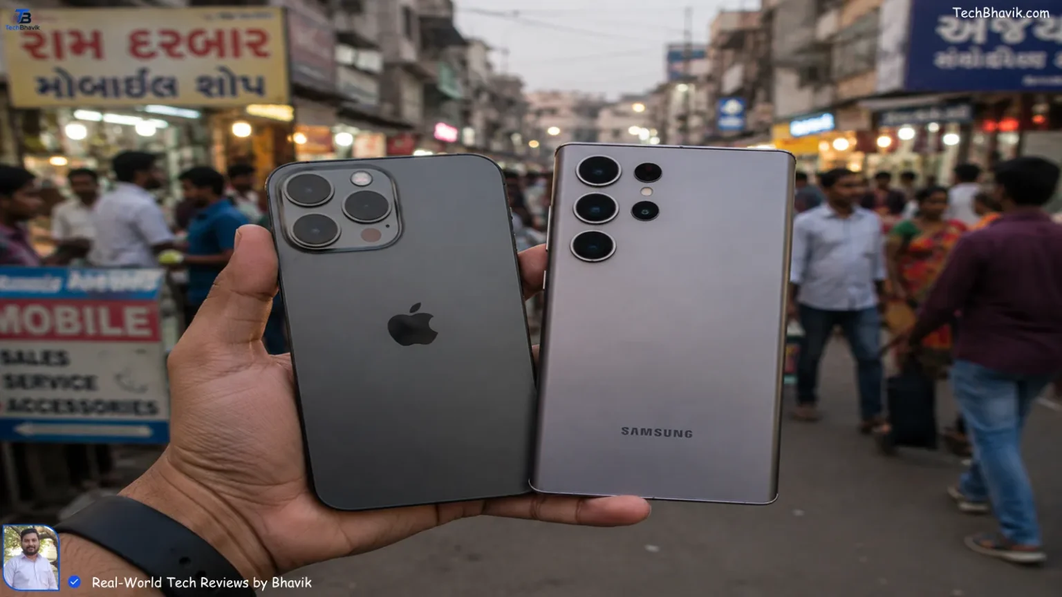 A hand holding an iPhone and a Samsung Galaxy phone side by side in a busy Indian market street