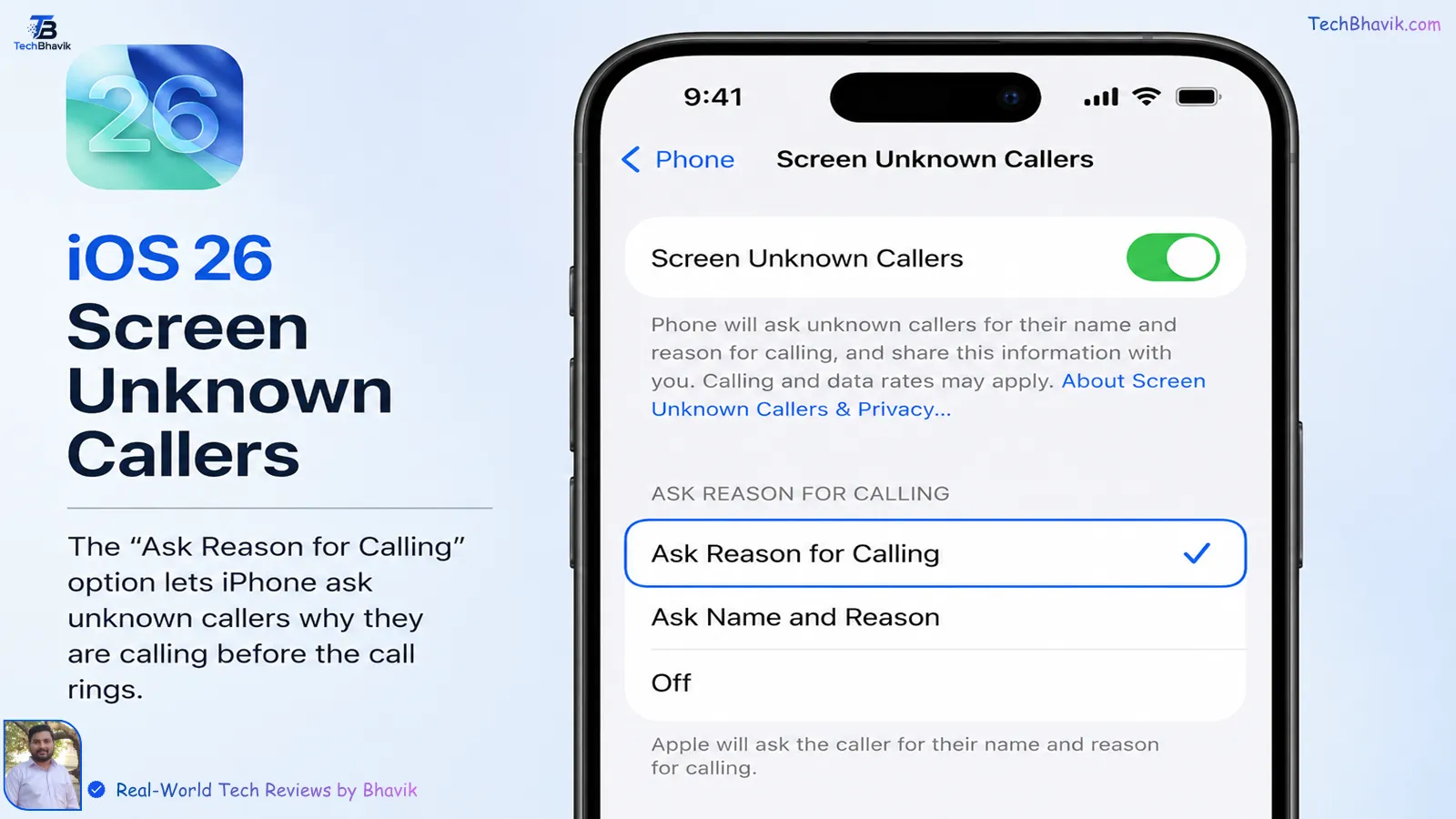 iPhone iOS 26 Screen Unknown Callers settings showing Ask Reason for Calling option
