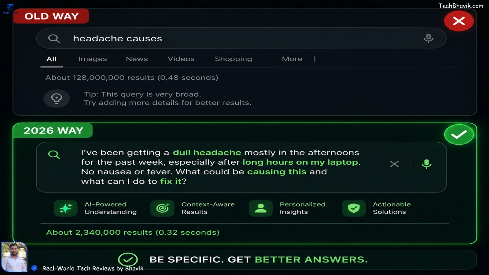 Tech hacks An infographic comparison showing the difference between searching with outdated short keywords versus using descriptive natural language prompts for AI search engines.