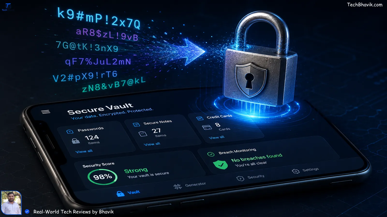 Tech hacks A conceptual digital security graphic representing a mobile password manager app generating strong, encrypted passwords next to a secure padlock.
