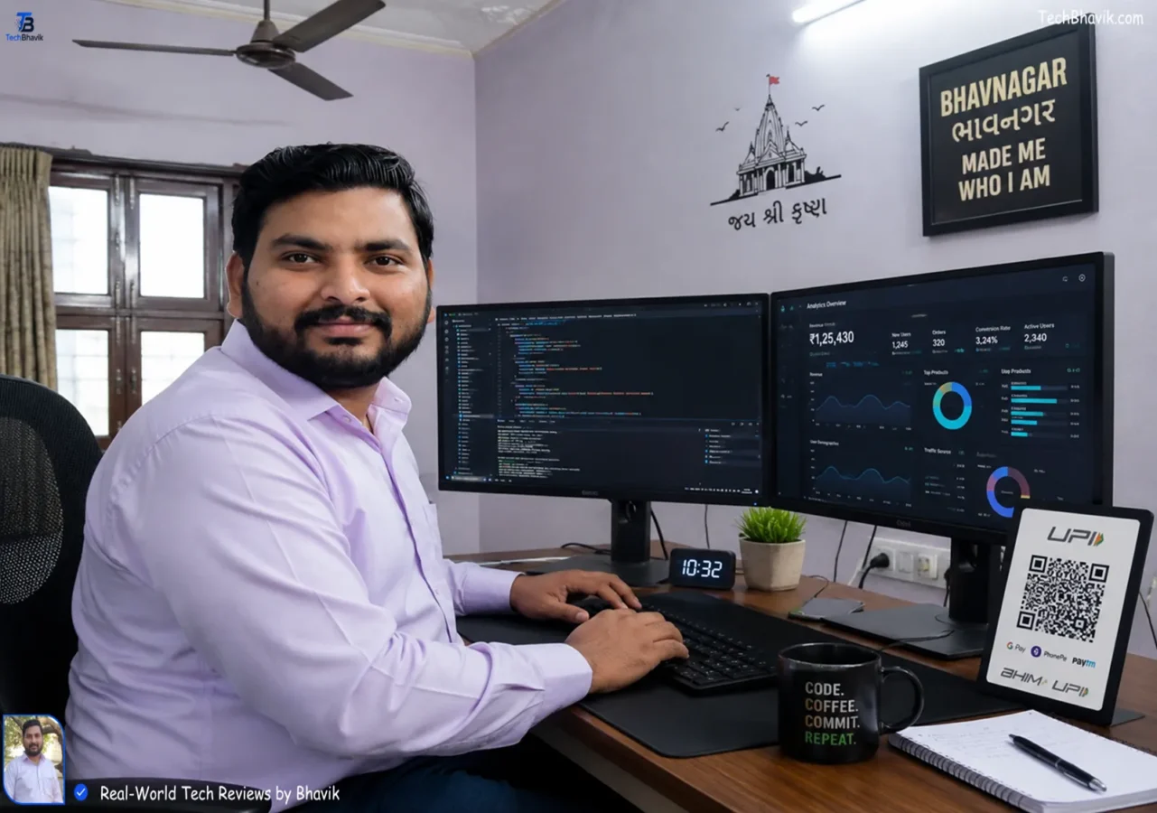 7 Highest Paying Tech Jobs 2026 No Degree Needed India Young Indian man working on dual monitors in a small Bhavnagar room with a ceiling fan, showing code and dashboards, UPI QR code on desk