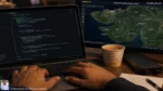 7 Highest Paying Tech Jobs 2026 No Degree Needed India Close-up of hands typing Solidity code on a laptop with a BISAG-N satellite map of Gujarat on second screen, chai cup and power bank nearby