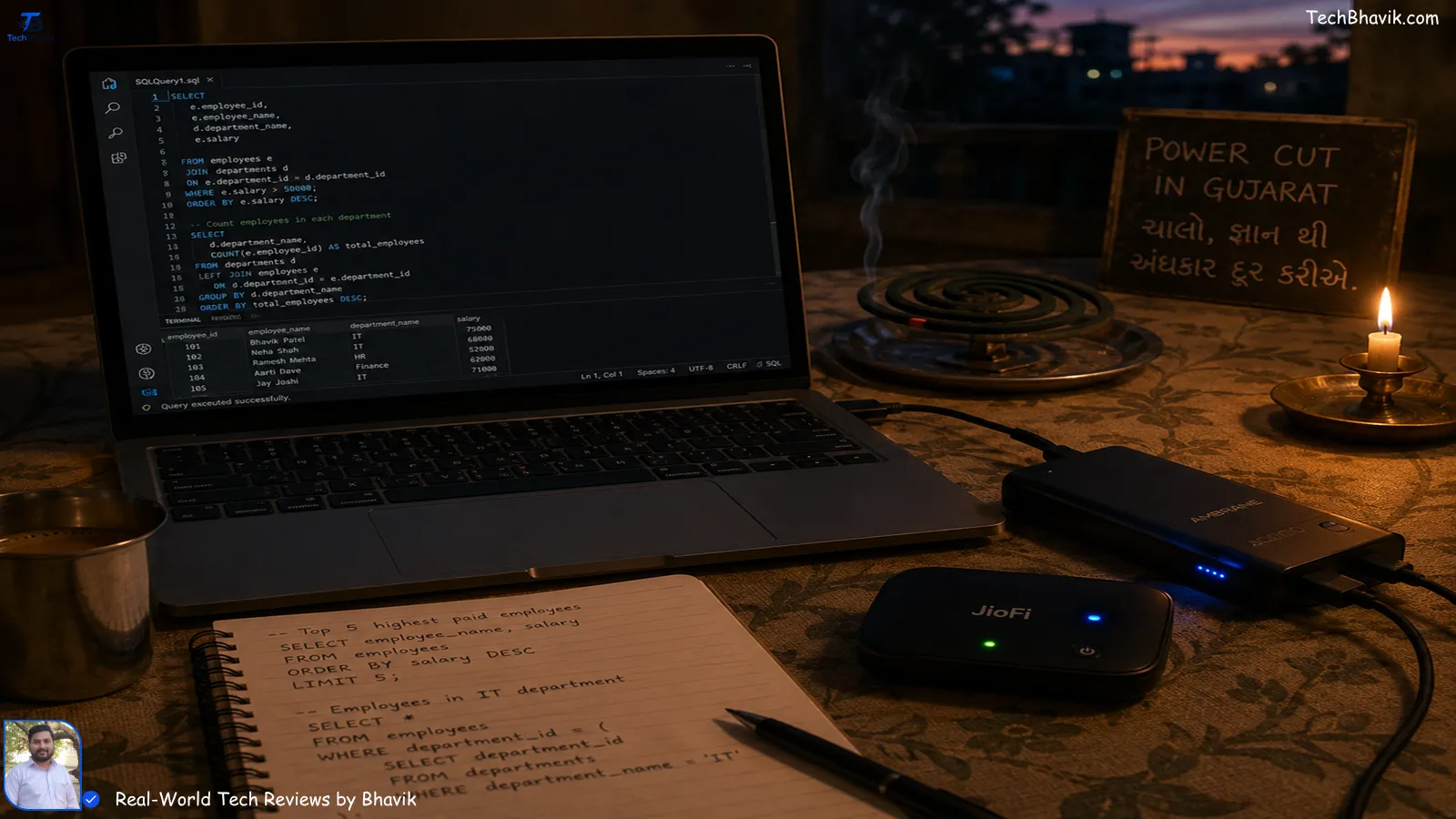 7 Highest Paying Tech Jobs 2026 No Degree Needed India Laptop running on power bank during evening power cut in Gujarat, JioFi device blinking, notebook with SQL queries, mosquito coil in background