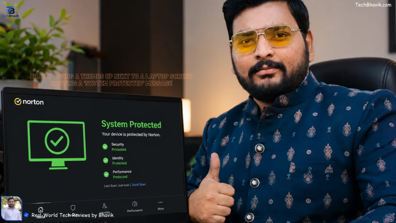 Bhavik Munjapara giving a thumbs up next to a laptop screen showing a 'System Protected' message