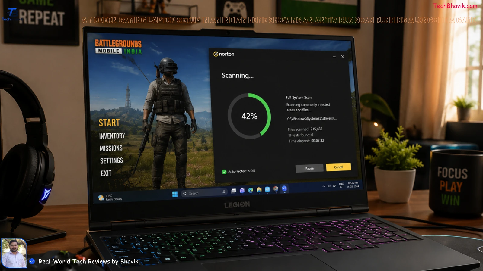 How to Secure Your PC: Best Free Antivirus for Windows 11 in 2026 A modern gaming laptop setup in an Indian home showing an antivirus scan running alongside a game