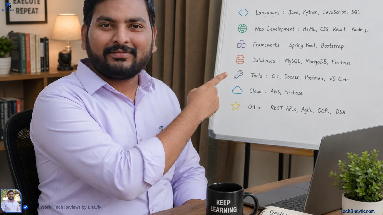 5 Essential Tech Skills 2026 to Future-Proof Your Career Bhavik Munjapara smiling, pointing toward a list of tech skills on a whiteboard in a home office setup.