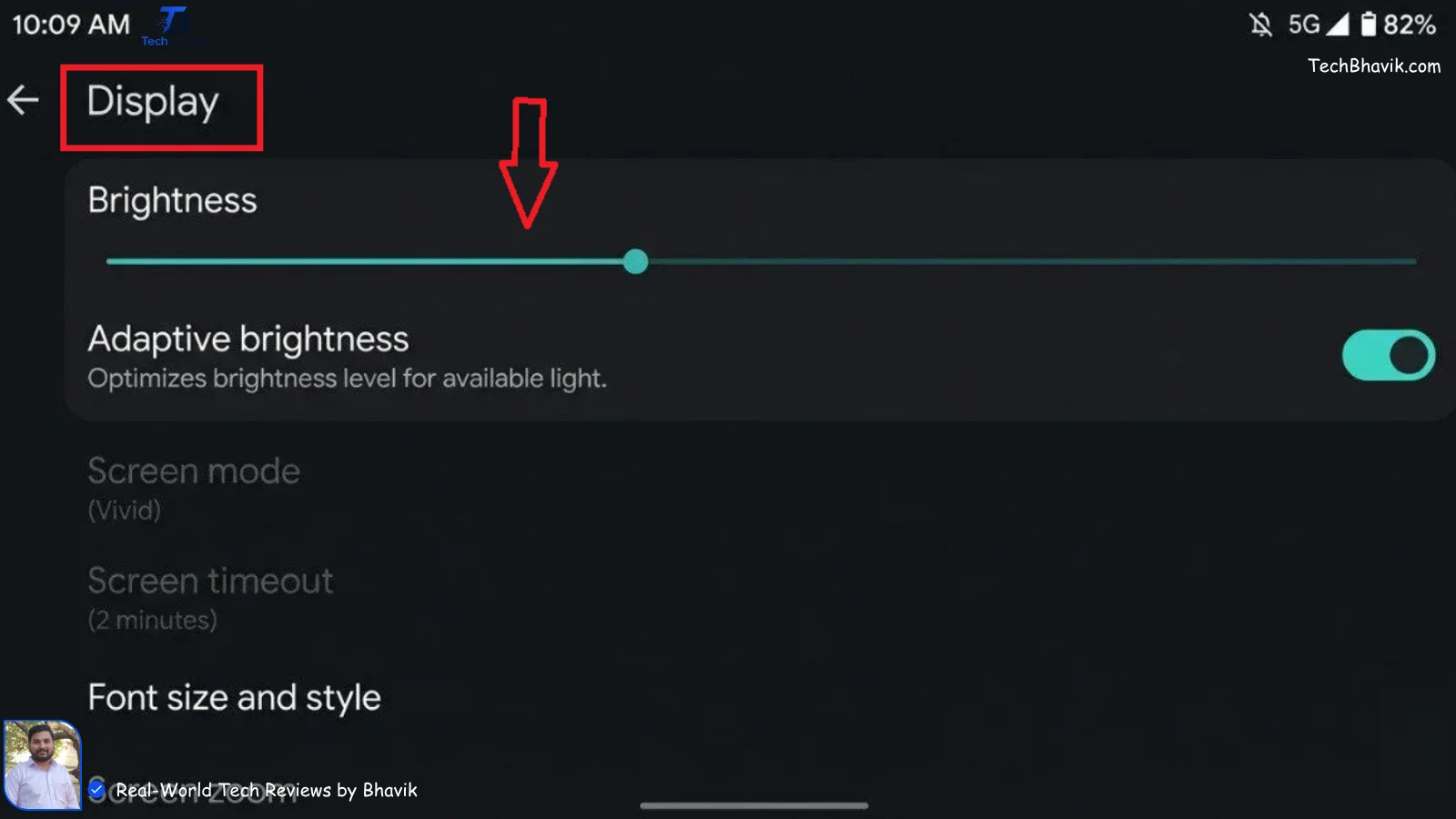 How to fix Android battery drain settings A screenshot of an Android phone's Display settings page showing the Brightness slider set to a low level with the Adaptive Brightness toggle switched on to save battery.